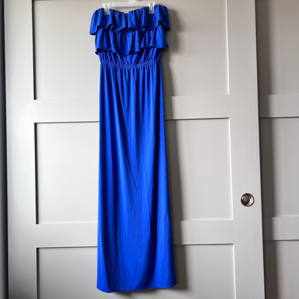 Suzi Chin Royal Blue Strapless Ruffle Tiered Maxi Dress Size 2‎ RN 63196